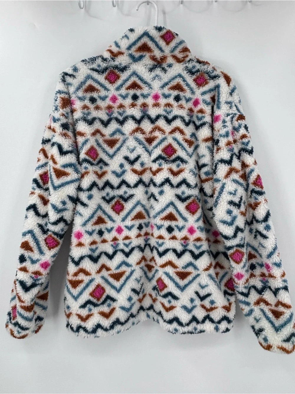 Eddie Bauer Cream Fuzzy Pullover with Brown, Navy & Pink Pattern